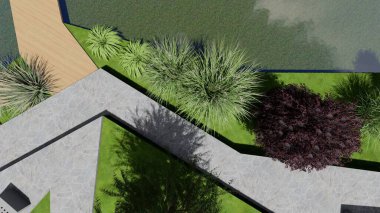 Memleketin peyzaj tasarımının 3 boyutlu görüntüsü. Bölgenin peyzajı. Birleşik peyzaj ve peyzaj çözümlerinin bilgisayar görselleştirmesi.