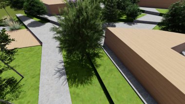 Memleketin peyzaj tasarımının 3 boyutlu görüntüsü. Bölgenin peyzajı. Birleşik peyzaj ve peyzaj çözümlerinin bilgisayar görselleştirmesi.