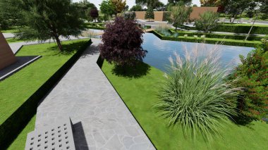 Memleketin peyzaj tasarımının 3 boyutlu görüntüsü. Bölgenin peyzajı. Birleşik peyzaj ve peyzaj çözümlerinin bilgisayar görselleştirmesi.