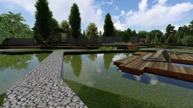 Memleketin peyzaj tasarımının 3 boyutlu görüntüsü. Bölgenin peyzajı. Birleşik peyzaj ve peyzaj çözümlerinin bilgisayar görselleştirmesi.