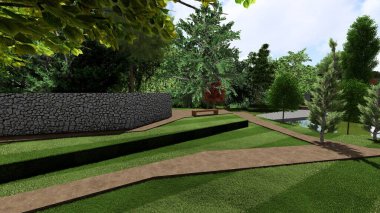 Memleketin peyzaj tasarımının 3 boyutlu görüntüsü. Bölgenin peyzajı. Birleşik peyzaj ve peyzaj çözümlerinin bilgisayar görselleştirmesi.