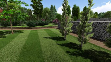 Memleketin peyzaj tasarımının 3 boyutlu görüntüsü. Bölgenin peyzajı. Birleşik peyzaj ve peyzaj çözümlerinin bilgisayar görselleştirmesi.