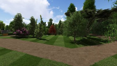 Memleketin peyzaj tasarımının 3 boyutlu görüntüsü. Bölgenin peyzajı. Birleşik peyzaj ve peyzaj çözümlerinin bilgisayar görselleştirmesi.