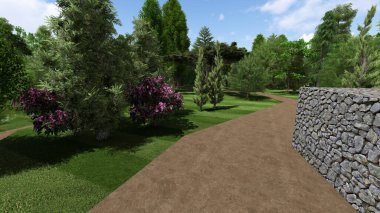 Memleketin peyzaj tasarımının 3 boyutlu görüntüsü. Bölgenin peyzajı. Birleşik peyzaj ve peyzaj çözümlerinin bilgisayar görselleştirmesi.