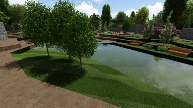 Memleketin peyzaj tasarımının 3 boyutlu görüntüsü. Bölgenin peyzajı. Birleşik peyzaj ve peyzaj çözümlerinin bilgisayar görselleştirmesi.