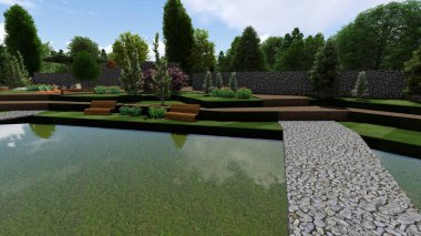 Memleketin peyzaj tasarımının 3 boyutlu görüntüsü. Bölgenin peyzajı. Birleşik peyzaj ve peyzaj çözümlerinin bilgisayar görselleştirmesi.