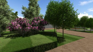 Memleketin peyzaj tasarımının 3 boyutlu görüntüsü. Bölgenin peyzajı. Birleşik peyzaj ve peyzaj çözümlerinin bilgisayar görselleştirmesi.