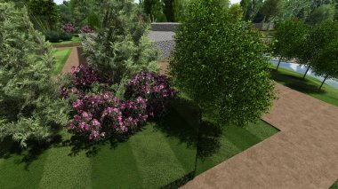 Memleketin peyzaj tasarımının 3 boyutlu görüntüsü. Bölgenin peyzajı. Birleşik peyzaj ve peyzaj çözümlerinin bilgisayar görselleştirmesi.