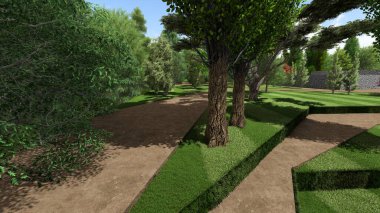 Memleketin peyzaj tasarımının 3 boyutlu görüntüsü. Bölgenin peyzajı. Birleşik peyzaj ve peyzaj çözümlerinin bilgisayar görselleştirmesi.