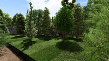 Memleketin peyzaj tasarımının 3 boyutlu görüntüsü. Bölgenin peyzajı. Birleşik peyzaj ve peyzaj çözümlerinin bilgisayar görselleştirmesi.