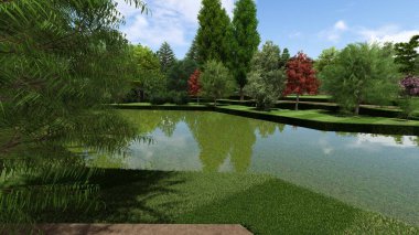 Memleketin peyzaj tasarımının 3 boyutlu görüntüsü. Bölgenin peyzajı. Birleşik peyzaj ve peyzaj çözümlerinin bilgisayar görselleştirmesi.