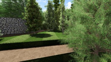 Memleketin peyzaj tasarımının 3 boyutlu görüntüsü. Bölgenin peyzajı. Birleşik peyzaj ve peyzaj çözümlerinin bilgisayar görselleştirmesi.