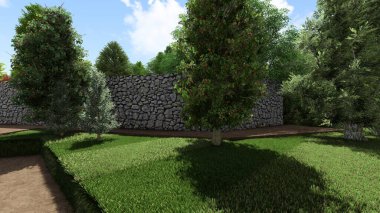 Memleketin peyzaj tasarımının 3 boyutlu görüntüsü. Bölgenin peyzajı. Birleşik peyzaj ve peyzaj çözümlerinin bilgisayar görselleştirmesi.