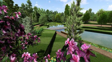 Memleketin peyzaj tasarımının 3 boyutlu görüntüsü. Bölgenin peyzajı. Birleşik peyzaj ve peyzaj çözümlerinin bilgisayar görselleştirmesi.