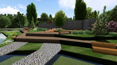 Memleketin peyzaj tasarımının 3 boyutlu görüntüsü. Bölgenin peyzajı. Birleşik peyzaj ve peyzaj çözümlerinin bilgisayar görselleştirmesi.