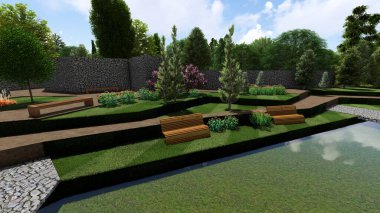 Memleketin peyzaj tasarımının 3 boyutlu görüntüsü. Bölgenin peyzajı. Birleşik peyzaj ve peyzaj çözümlerinin bilgisayar görselleştirmesi.