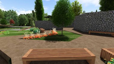 Memleketin peyzaj tasarımının 3 boyutlu görüntüsü. Bölgenin peyzajı. Birleşik peyzaj ve peyzaj çözümlerinin bilgisayar görselleştirmesi.