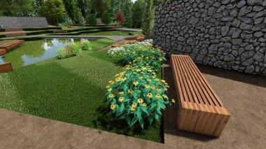 Memleketin peyzaj tasarımının 3 boyutlu görüntüsü. Bölgenin peyzajı. Birleşik peyzaj ve peyzaj çözümlerinin bilgisayar görselleştirmesi.