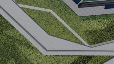 Memleketin peyzaj tasarımının 3 boyutlu görüntüsü. Bölgenin peyzajı. Birleşik peyzaj ve peyzaj çözümlerinin bilgisayar görselleştirmesi.