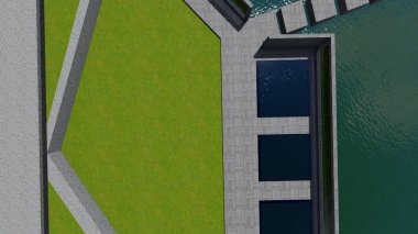 Memleketin peyzaj tasarımının 3 boyutlu görüntüsü. Bölgenin peyzajı. Birleşik peyzaj ve peyzaj çözümlerinin bilgisayar görselleştirmesi.