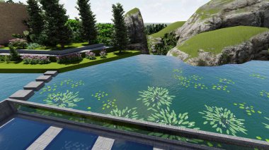 Memleketin peyzaj tasarımının 3 boyutlu görüntüsü. Bölgenin peyzajı. Birleşik peyzaj ve peyzaj çözümlerinin bilgisayar görselleştirmesi.