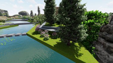 Memleketin peyzaj tasarımının 3 boyutlu görüntüsü. Bölgenin peyzajı. Birleşik peyzaj ve peyzaj çözümlerinin bilgisayar görselleştirmesi.