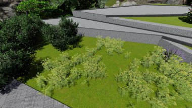 Memleketin peyzaj tasarımının 3 boyutlu görüntüsü. Bölgenin peyzajı. Birleşik peyzaj ve peyzaj çözümlerinin bilgisayar görselleştirmesi.