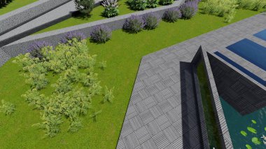 Memleketin peyzaj tasarımının 3 boyutlu görüntüsü. Bölgenin peyzajı. Birleşik peyzaj ve peyzaj çözümlerinin bilgisayar görselleştirmesi.