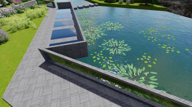 Memleketin peyzaj tasarımının 3 boyutlu görüntüsü. Bölgenin peyzajı. Birleşik peyzaj ve peyzaj çözümlerinin bilgisayar görselleştirmesi.