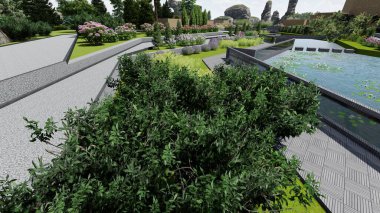 Memleketin peyzaj tasarımının 3 boyutlu görüntüsü. Bölgenin peyzajı. Birleşik peyzaj ve peyzaj çözümlerinin bilgisayar görselleştirmesi.