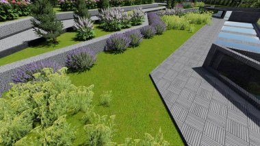 Memleketin peyzaj tasarımının 3 boyutlu görüntüsü. Bölgenin peyzajı. Birleşik peyzaj ve peyzaj çözümlerinin bilgisayar görselleştirmesi.