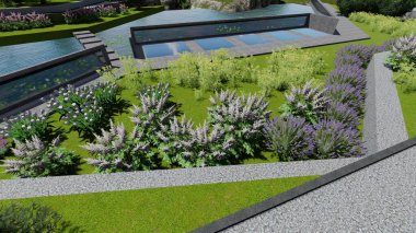 Memleketin peyzaj tasarımının 3 boyutlu görüntüsü. Bölgenin peyzajı. Birleşik peyzaj ve peyzaj çözümlerinin bilgisayar görselleştirmesi.