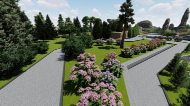 Memleketin peyzaj tasarımının 3 boyutlu görüntüsü. Bölgenin peyzajı. Birleşik peyzaj ve peyzaj çözümlerinin bilgisayar görselleştirmesi.