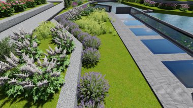 Memleketin peyzaj tasarımının 3 boyutlu görüntüsü. Bölgenin peyzajı. Birleşik peyzaj ve peyzaj çözümlerinin bilgisayar görselleştirmesi.