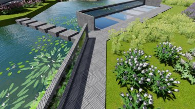 Memleketin peyzaj tasarımının 3 boyutlu görüntüsü. Bölgenin peyzajı. Birleşik peyzaj ve peyzaj çözümlerinin bilgisayar görselleştirmesi.