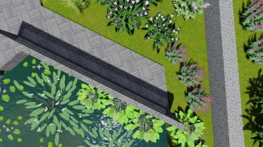 Memleketin peyzaj tasarımının 3 boyutlu görüntüsü. Bölgenin peyzajı. Birleşik peyzaj ve peyzaj çözümlerinin bilgisayar görselleştirmesi.