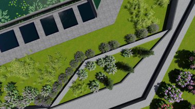 Memleketin peyzaj tasarımının 3 boyutlu görüntüsü. Bölgenin peyzajı. Birleşik peyzaj ve peyzaj çözümlerinin bilgisayar görselleştirmesi.