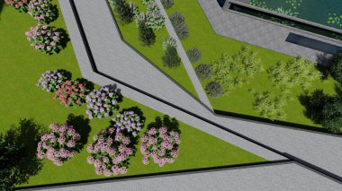 Memleketin peyzaj tasarımının 3 boyutlu görüntüsü. Bölgenin peyzajı. Birleşik peyzaj ve peyzaj çözümlerinin bilgisayar görselleştirmesi.