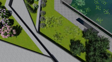 Memleketin peyzaj tasarımının 3 boyutlu görüntüsü. Bölgenin peyzajı. Birleşik peyzaj ve peyzaj çözümlerinin bilgisayar görselleştirmesi.