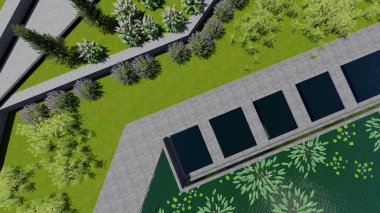 Memleketin peyzaj tasarımının 3 boyutlu görüntüsü. Bölgenin peyzajı. Birleşik peyzaj ve peyzaj çözümlerinin bilgisayar görselleştirmesi.