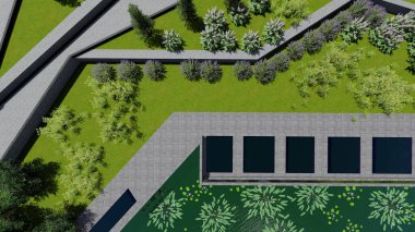 Memleketin peyzaj tasarımının 3 boyutlu görüntüsü. Bölgenin peyzajı. Birleşik peyzaj ve peyzaj çözümlerinin bilgisayar görselleştirmesi.