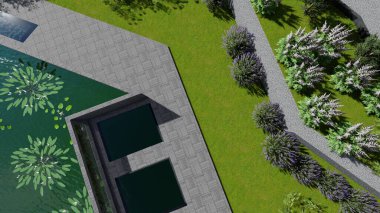 Memleketin peyzaj tasarımının 3 boyutlu görüntüsü. Bölgenin peyzajı. Birleşik peyzaj ve peyzaj çözümlerinin bilgisayar görselleştirmesi.