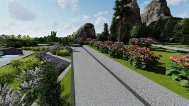 Memleketin peyzaj tasarımının 3 boyutlu görüntüsü. Bölgenin peyzajı. Birleşik peyzaj ve peyzaj çözümlerinin bilgisayar görselleştirmesi.