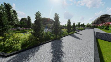 Memleketin peyzaj tasarımının 3 boyutlu görüntüsü. Bölgenin peyzajı. Birleşik peyzaj ve peyzaj çözümlerinin bilgisayar görselleştirmesi.