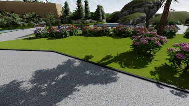 Memleketin peyzaj tasarımının 3 boyutlu görüntüsü. Bölgenin peyzajı. Birleşik peyzaj ve peyzaj çözümlerinin bilgisayar görselleştirmesi.