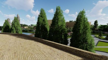 Memleketin peyzaj tasarımının 3 boyutlu görüntüsü. Bölgenin peyzajı. Birleşik peyzaj ve peyzaj çözümlerinin bilgisayar görselleştirmesi.