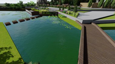 Memleketin peyzaj tasarımının 3 boyutlu görüntüsü. Bölgenin peyzajı. Birleşik peyzaj ve peyzaj çözümlerinin bilgisayar görselleştirmesi.