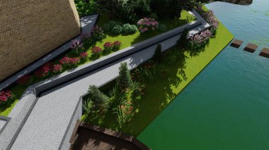 Memleketin peyzaj tasarımının 3 boyutlu görüntüsü. Bölgenin peyzajı. Birleşik peyzaj ve peyzaj çözümlerinin bilgisayar görselleştirmesi.