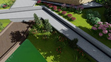 Memleketin peyzaj tasarımının 3 boyutlu görüntüsü. Bölgenin peyzajı. Birleşik peyzaj ve peyzaj çözümlerinin bilgisayar görselleştirmesi.