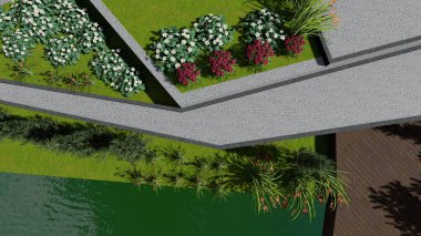 Memleketin peyzaj tasarımının 3 boyutlu görüntüsü. Bölgenin peyzajı. Birleşik peyzaj ve peyzaj çözümlerinin bilgisayar görselleştirmesi.